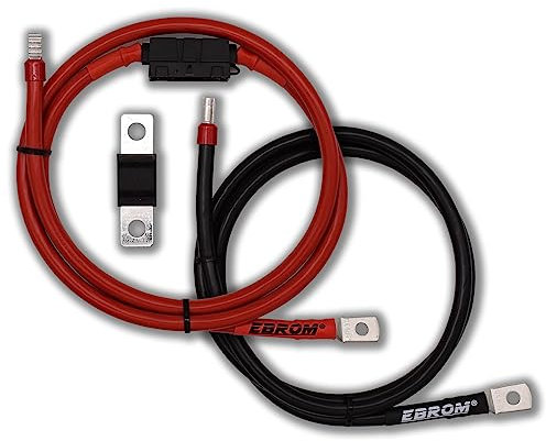EBROM Laderegler Anschlusskabel Batteriekabel rot + schwarz 16 mm² - Kabelschuhe M6/M8/M10 und Aderendhülse gegenüberliegend, MIDI Sicherung, Auswahl: 16mm2, 120 cm, M10 Schuh + 80 Ampere Sicherung