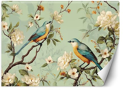 Feeby Papier Peint Intissé Vintage Rétro 400x280 cm vert XXL Moderne Décoration Murale Tableaux Muraux Tapisserie Salon Chambre à coucher Shabby Chic Oiseaux Fleurs