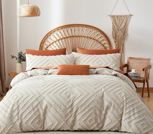 Lanqinglv Ropa de cama beige de 135 x 200 cm, estilo bohemio, hecha a mano, bordado geométrico, elegante, vintage, funda nórdica de 135 x 200 cm con cremallera y 1 funda de almohada de 80 x 80 cm