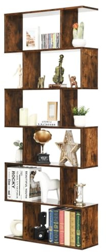 SFAREST 5/6 Tier Bookcase, Wooden S-Shaped Bookshelf, Freestanding Shelving Display Storage Organizer Unit for Living Room Study Room Office (Coffee, 80 x 23 x 192cm)