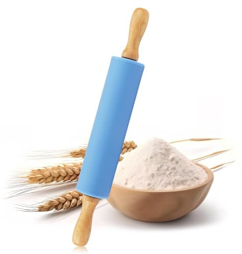 HIKPACKER Rodillo de Amasar, Rodillo Cocina con 2 Mango De Madera, Rodillo Amasar Palo Amasar, Rodillo Reposteria para Hornear Pizza, Pasteles, Pastas, Galletas, Tamaño: Diámetro 4.5 X 30.5cm, Azul