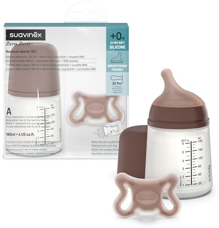 Suavinex, Biberon Anti-Coliche + Ciuccio Zero Zero. Biberon da 180 ml con tettarella a flusso adattabile (A) e ciuccio per neonati taglia -2/2 mesi. Adatto ai bambini prematuri, Deep