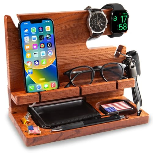 Greta Oto Estación de Carga de Madera para Movil, Tableta, Cartera, Gadgets, Reloj, Llaves, Soporte Escritorio de Trabajo, Mesita de Noche, Organizador Escritorio, Regalos para Hombre (Marrón Cereza)