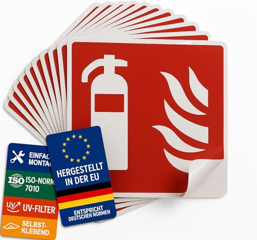 notlok Safety Work 10x Feuerlöscher Schild Aufkleber 20x20cm, nachleuchtend | Wetterfest, selbstklebend, DIN EN ISO 7010, Brandschutz Piktogramme, Schild Feuerlöscher Innen & Außen, Sicherheitsschilder