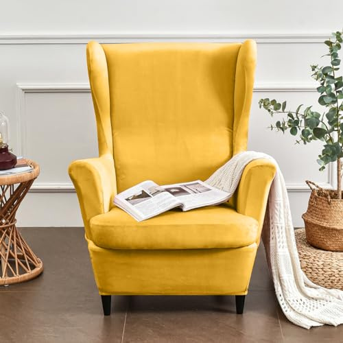 Hixingo Samt 2-Teilig Ohrensessel Überzug, Mit Kissenbezug Sesselbezüge, Abnehmbar Polyester Ohrensessel Bezug, für Wohnzimmer Schlafzimmer Hotel Sesselschoner (Gelb)