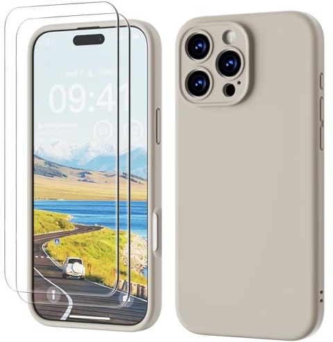 GOODVISH for iPhone 16 Pro Max Case Silicone,2-Screen Protectors,Stone Grey | Full Body&Camera Protection, Premium Liquid Silicone, Shockproof Cover with Lanyard Hole, Soft Anti-Scratch Microfiber Lining