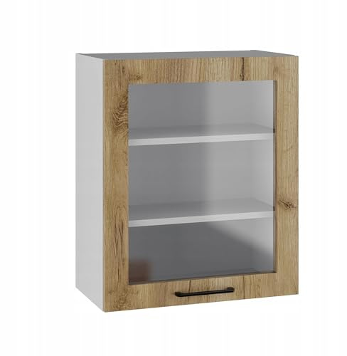 Laclar TAFLA Küchen Hängeschrank mit Glastür - Küchenschrank - Weißer Korpus - Soft-Close Scharniere - ohne Griff - zum Aufhängen - Moderne Küche - Eiche Craft Gold - 60x30x72 cm