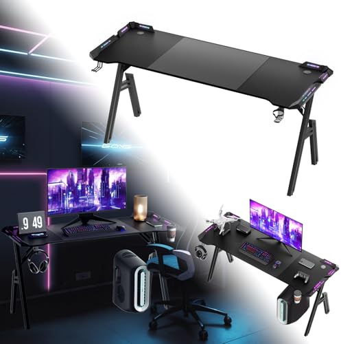 ACXIN Escritorio gamer A-formado 160x60 cm con luz LED RGB, fibra de carbono, ergonómico con soporte para bebidas y gancho