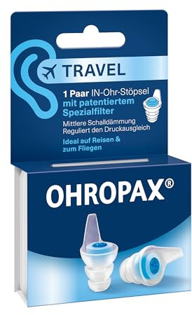 OHROPAX Bouchons d'oreilles de voyage - Filtre spécial breveté - Régule la pression - Valeur d'isolation acoustique SNR 16 dB - Pour voyage et avion - 1 paire de bouchons avec filtre inséré + 1 paire