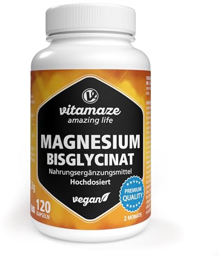 Magnesio Bisglicinato 1500 mg in sole 2 capsule piccole al giorno altamente dosate, 300 mg magnesio elementare, Anti Stress, Fatica e Dolori Muscolari, Rilassante, 120 capsule vegane, Made in Germany