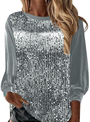 YCBMINGCAN Glitzer Oberteile Damen Elegant Pailletten Bluse Damenblusen Langarm Sexy Silvester Outfit Große Größen Festliche Oberteile Glitzer Bluse for Party