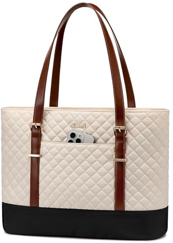 LOVEVOOK Laptoptasche Damen 15,6 Zoll, Handtasche Shopper Business Tasche Aktentasche Lehrertasche mittelgroß, Wasserdicht Notebooktasche Tote Bag für Büro Uni,Schwarz Weiß Braun