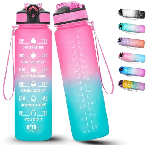 Gourde 1 l en Tritan, sans BPA, avec paille, marqueur de temps pour fitness, école, yoga, extérieur (rose/turquoise)