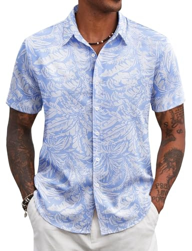 COOFANDY Hawaiian Shirts Men Short Sleeve Summer Shirts Casual Holiday Shirt Tropical Shirt Regular Fit Blue & White Leaf L