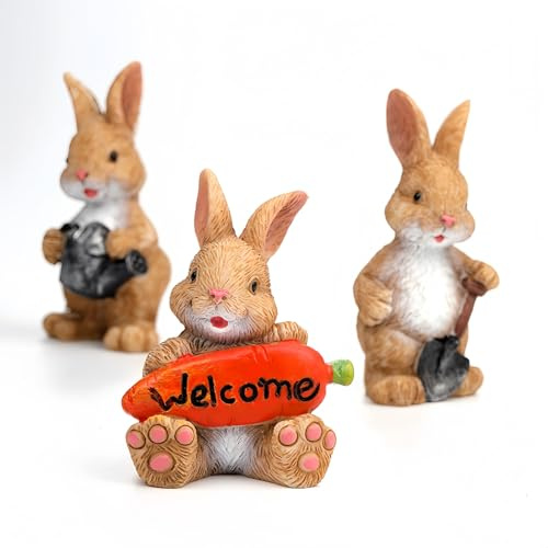 Vyloky Handmade Resin Easter Bunnies for Garden, Windowsill & Miniature Landscapes - Decorative Decoration Ideas with Charming Details (Gardener Rabbit Trio)