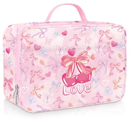 Clastyle Pink Insulated Kids Lunch Bag Large Thermal Cooler Bag for Girl Picnic School Lunch Box Tote,Bow Tie Butterfly