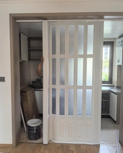 Concertina Door PVC Folding Doors Internal White Oak Effect, Wardrobe Sliding Doors 100cm 150cm 180cm 200cm Wide, Plastic Accordion Louvre Barn Bedroom Door Fittings(162cmx210cm)