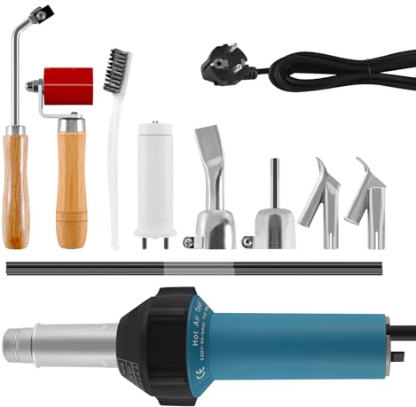 TRY-YEAN Pistolet à air chaud professionnel 1600 W en plastique pour vinyle PE PVC avec buses à souder rapide, tige en plastique, rouleau et deux accessoires supplémentaires