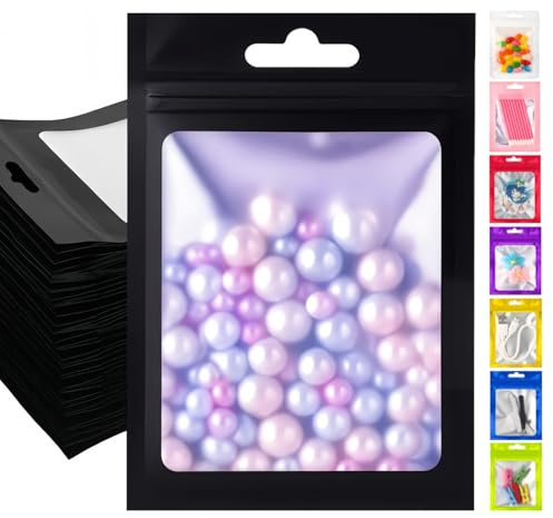 Plaphy 100 Sachets Zip Hermétiques avec Fenêtre,Pochons Mylar (Noir,8x13cm) | Pochettes Refermables avec Intérieur en Aluminium, Sacs Zip avec Trou de Suspension pour Emballage Alimentaire, Accessoires
