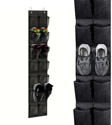 mongtsamz Schuhregal Tür Hängend, Organizer Hängend 14 Große Taschen Schuh mit 2 Haken Schuhorganizer Camping Schuhaufbewahrung Hängende für Wohnmobil Schlafzimmer Wohnzimmer, 1 Stück, Schwarz