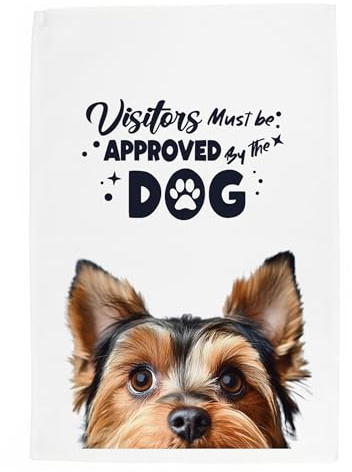 Purely Home Peeping Dog Tea Towel - Visitors Must Be Approved By The Dog - Yorkshire Terrier Gift Panama Cotton Kitchen Dish Towel/Drying Cloth - 67cm x 45cm