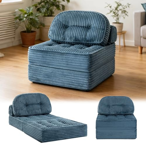 Faltbares Schlafsofa, 4-in-1 Tragbarer Stuhl-Bett-Komfortable Bodensofa, Umwandelbarer Schlafsessel mit Kissen, Cord-Stoffbezug Sessel Schlafcouch, für Wohnzimmer und Schlafzimmer (Einzelsofa, Blau )