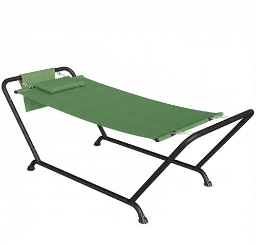 Outsunny Amaca da Esterno con Supporto, Amaca Autoportante con Tasca Laterale, Poggiatesta e Struttura in Metallo, Capacità 150 kg per Giardino, Balcone, Veranda, 237x90x92 cm, Verde Scuro