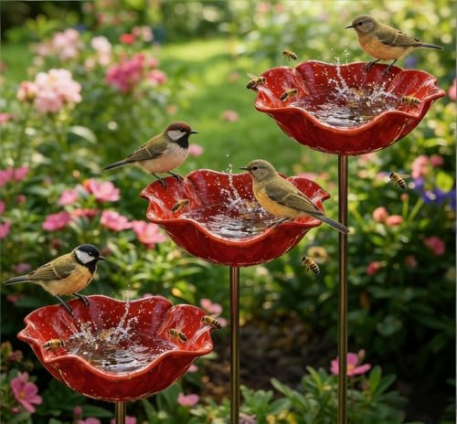 3STK Gartenstecker Vogeltränke Blumenform, 65CM Metall Blumen Bienentränke für den Garten, 2026 Handgefertigte Garten Insektentränke auf Stab, Kreative Rote Blumen Vogelbad für Gartendeko Draußen