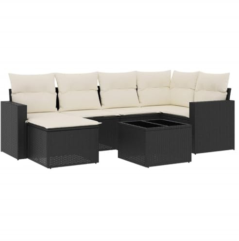 PUGYNBK 7-TLG. Garten-Sofagarnitur aus Poly Rattan mit Kissen, modulares Gartensofa mit Stauraum und wasserabweisendem Beutel, Tisch mit Glasplatte, abnehmbare und waschbare Bezüge,