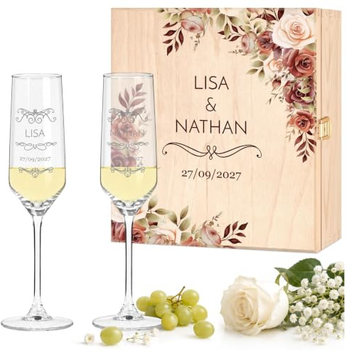 Maverton Flûtes à Champagne 200ml avec Boite Personnalisable | 2X Flute Champagne Verre Personnalisé avec Coffret en bois, Cadeau Couple Personnalisé, Cadeau Mariage Original, roses