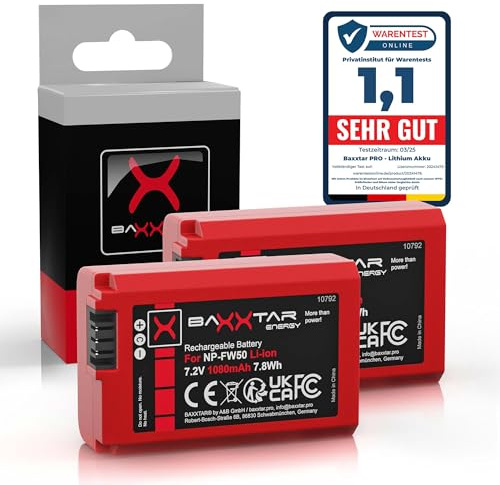 Baxxtar Pro Akku NP-FW50 (2X echte 1080mAh) mit Infochip - Intelligentes Akkusystem neueste Generation