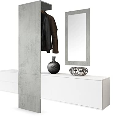 Vladon Wardrobe Hallway Furniture Coat Rack Carlton Set 1, Carcass in White matt/Panel and Mirror in Concrete Grey Oxide