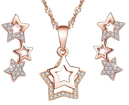 Yumilok damörhängen halsband kedja med pentagram stjärna måne hänge zirkonia örhängen kreoler smyckeset gåva för kvinnor flickor roséguld, Sterlingsilver, Kubisk zirkonia