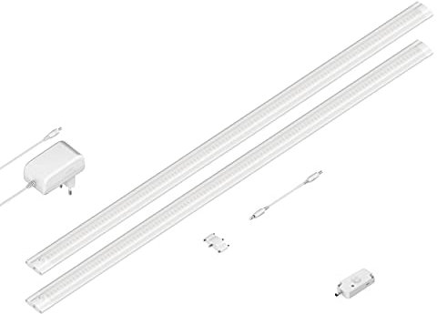 ledscom.de Lámpara LED bajo el armario SIRIS blanco mate, con detector de movimiento, plana, cada 90cm, cada 963lm, blanco cálido Juego de 2