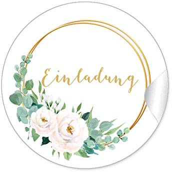 48 STICKER: Einladung Etiketten als Siegel weißen Rosen und Ringe in Goldgelb (kein Echtgold) für Briefumschläge Anhänger oder Postkarten zur Hochzeit Geburtstag Taufe