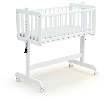AT4 - Wiege Babybett Beistellbett Holz mit Matratze Essentiel Weiß | 5 in 1 Wiege |MassivHolz | Höhenverstellbar | 80x40cm | Transformierbar und skalierbar