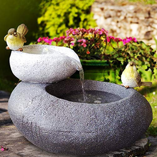 Fuente de jardín Fuente Ornamental de Agua Fuente Ornamental Pajaros Efecto Piedra para Jardin, Balcon, terraza con Bomba, bateria de Iones de Litio y luz LED Blanco-Gris