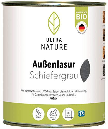 Ultra Nature Aussen Lasur, 0,75L, Schiefergrau, Vegan, Natürlich Bio, Lösemittelfrei, Holzschutzlasur