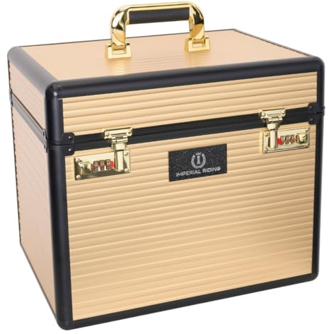 Imperial Riding IRHShiny Classic Putzbox, Putzkoffer mit Zahlenschloss, verstellbare Fächer, Aufbewahrungsbox für Putzzeug, mit Spiegel im Deckel, hochwertiger Putzkasten, 38x28x32cm, Gold