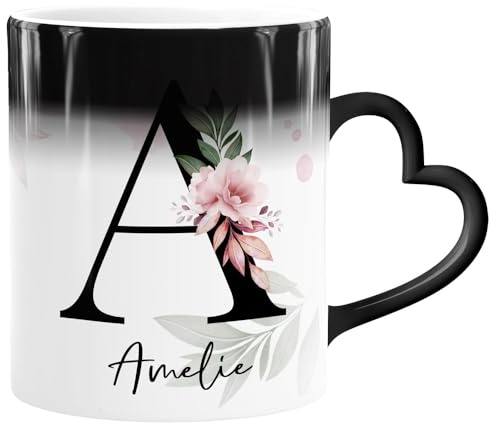 SpecialMe® Kaffee-Tasse Herzhenkel Farbwechsel mit Buchstabe Initiale Monogramm personalisiert Namen Rosen-Motiv persönliche Geschenke Weiss Magic-Herz-Tasse