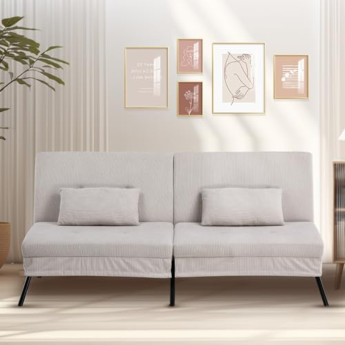 COMHOMA Soffa bäddsoffa med sovfunktion, överdrag futon hopfällbar soffa, bäddsoffa, hörnsoffa, gästsäng, 3-sitsig soffa, med justerbart ryggstöd av Beige Manchestertyg