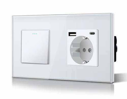 BSEED Interruptor Conmutador y Enchufe USB C,Basculante Con Luz de Orientación,Marco de Cristal,Fácil Instalación,Fáciles de Limpiar,1 Gang 2 Vía Con Enchufe USB/Tipo C,157mm Blanco