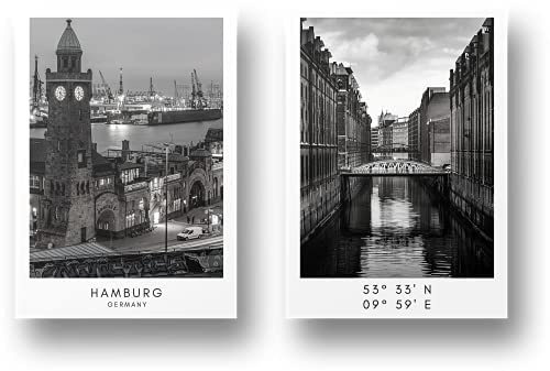 Freyheit | Premium Poster Set | stilvolles 2er-Set mit passenden Bildern in schwarz-weiß | 2 Stück in DIN A4 (21x30cm) oder DIN A3 (30x42cm) | ohne Bilderrahmen » Städte « (Hamburg, A3)