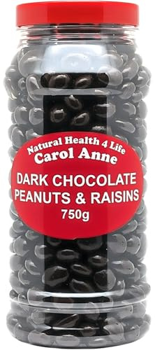 Natural Health 4 Life Carol Anne Dark Chocolate Peanuts and Raisins 750g in Recyclable Gift Jar, Rich Cocoa Coated Snack, Gluten Free, Dark Chocolate Nuts for Gifting, Sharing, Baking