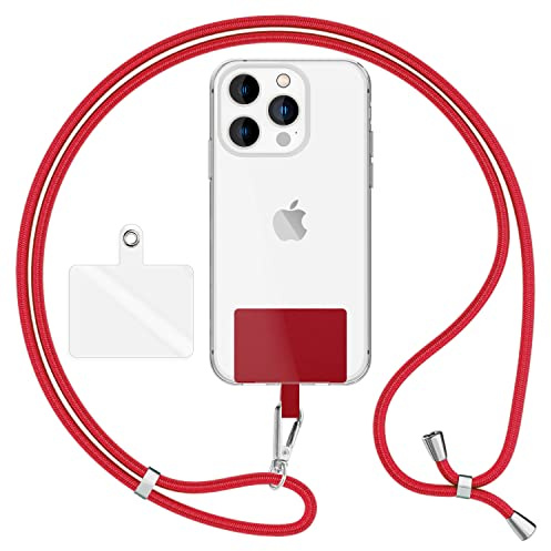 NALIA Universal Handykette für alle Smartphones, Rot, Silber Metall | Klebefreie Montage, Reißfestes Nylon-Gewebe, Klarer und farbiger Einleger, Auch für Kamera und Wallet, HOLDME AIR