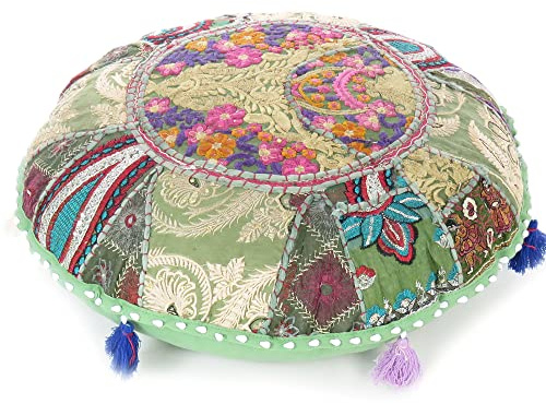 MAM Treasures Patchwork-Kissenbezug, rund, bunt, dekorativer Bodenkissenbezug, Meditationskissen, Sitzüberwurf, Bohemian-Akzent, Boho-Bezug, indischer handgefertigter Bezug (80 cm Durchmesser,