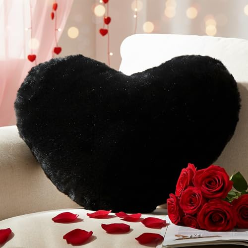Yhoelata Valentinstag Herzkissen, Schwarz Herzform Kissen Kuschelkissen, Love Zierkissen Aesthetic, Plüsch Kissen für Wohnzimmer Sofa Schlafzimmer Bett, Geschenk 26x36 cm