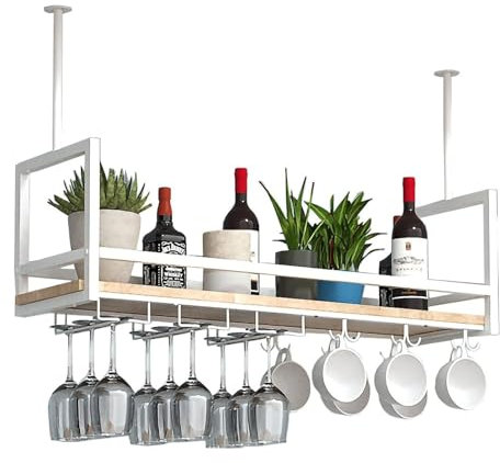 Portabottiglie sospeso con portabicchiere | Portabottiglie da soffitto | Portabottiglie da vino industriale bianco da appendere | Mensola decorativa galleggiante per bar, ristoranti, cucina ( Size : 8