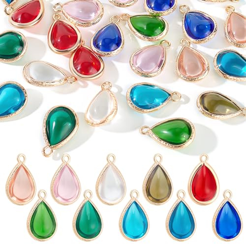 AHANDMAKER 30 ciondoli a forma di goccia, in vetro, 10 colori, perle di vetro con accessori in ottone dorato, per orecchini, collane, bracciali, Nylon