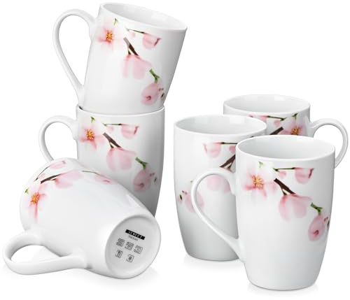 VEWEET 'Annie', Large Coffee Mugs Set of 6, 16 OZ Coffee Cups Set with Handle,480ml Floral Mug Sets Ceramic Cup Set for Kitchen, Microwave& Dishwasher Safe